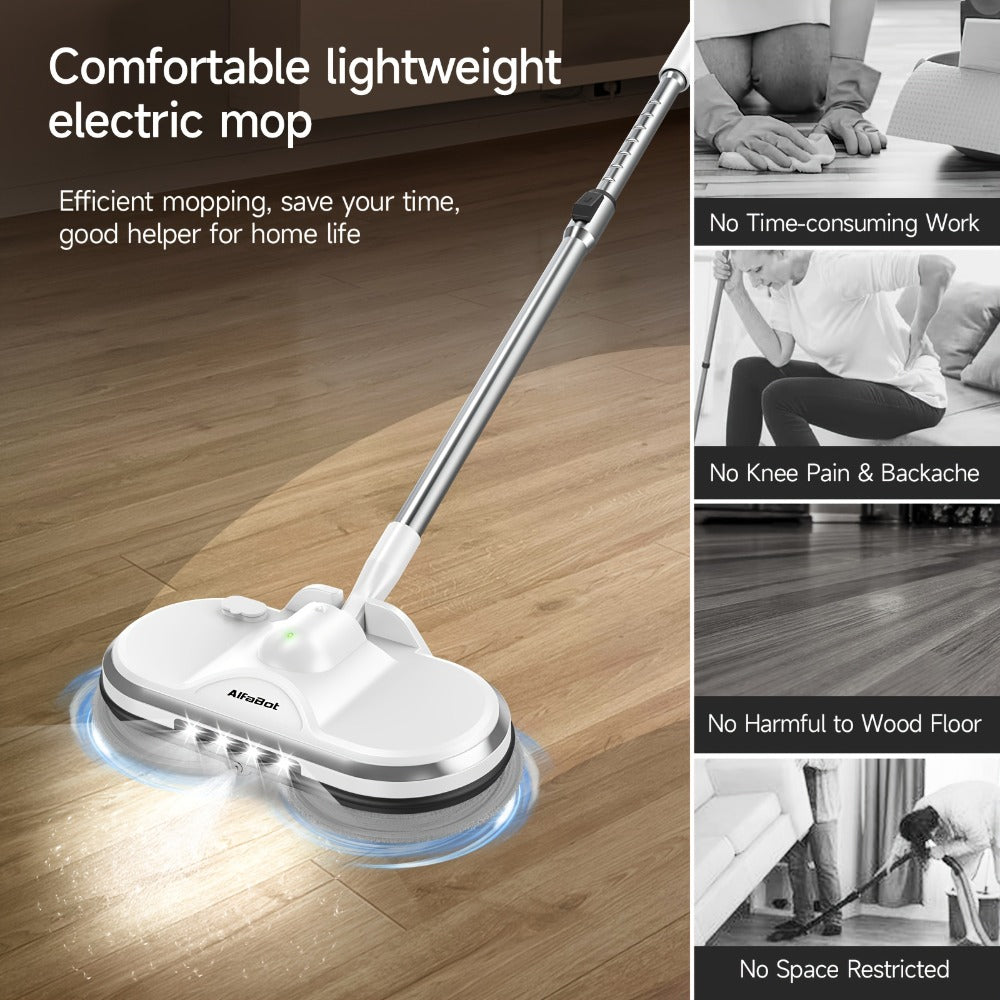 Cordless Electric Spin Mop with LED Headlight & Sprayer, 50-Min Runtime 6oz Water Tank, Lightweight Floor Scrubber for Hardwood Tile Laminate Floors