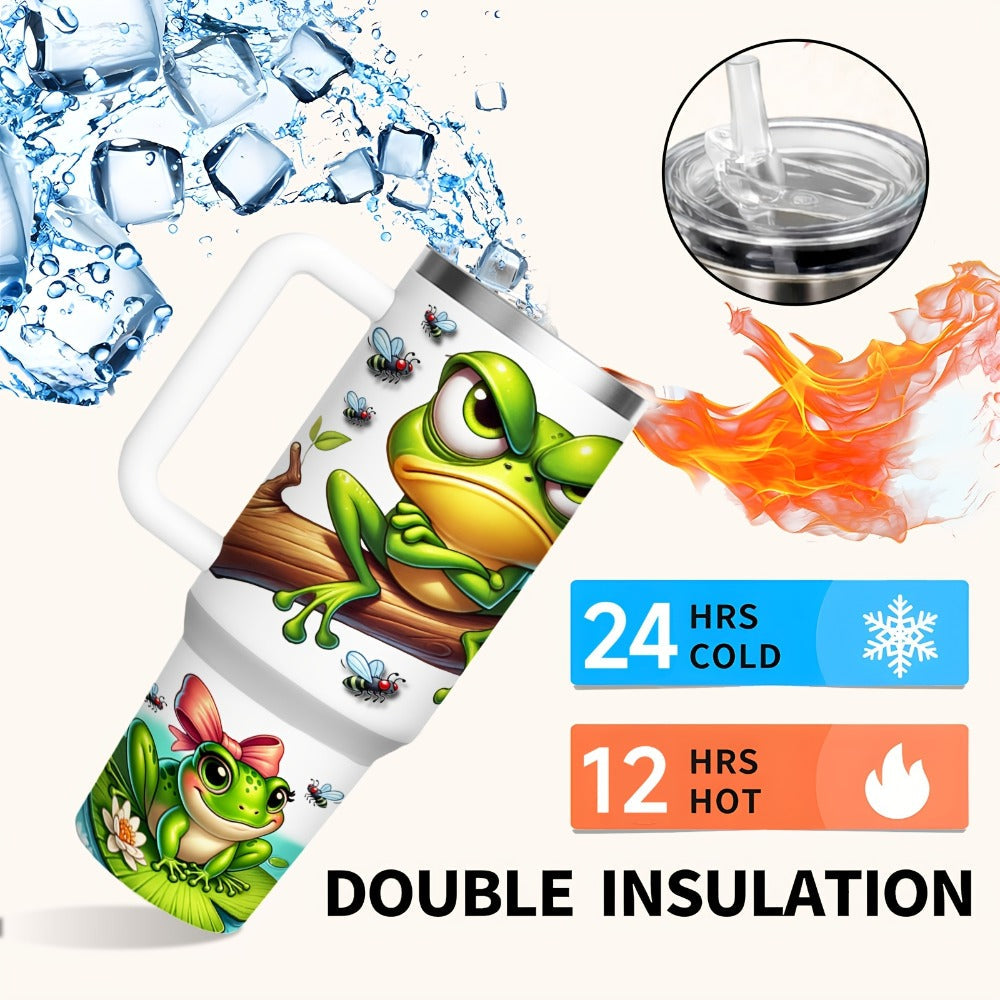 Frog Print Water Bottle Tumbler with Handle, Clear Foldable Straw and 16oz or 40oz Capacity Options