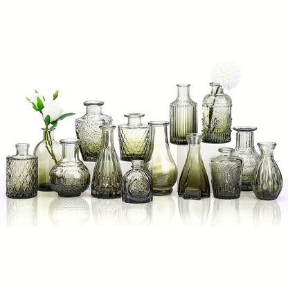 Gradient Green Mini Glass Bud Vases, 14-Piece Mixed Relief Bottle Set for Tables, Weddings and Shelf Decor
