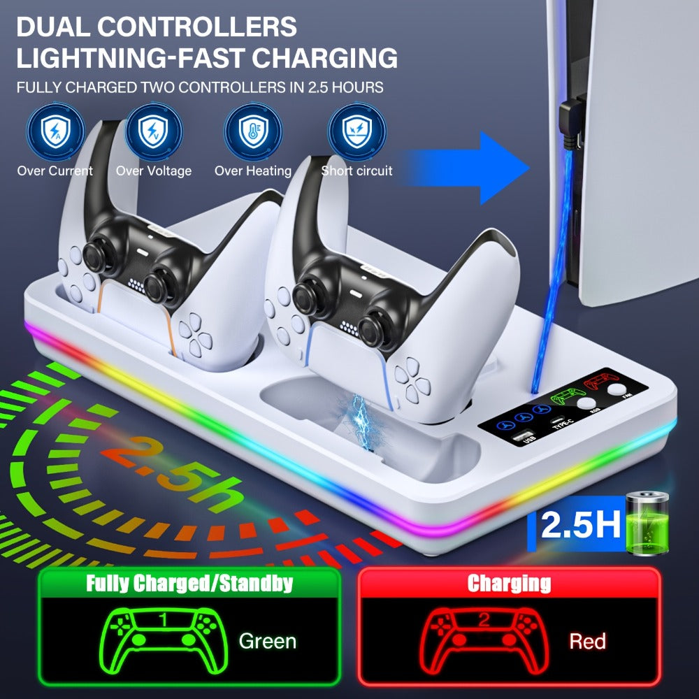RGB Console Stand Compatible with PS5, Slim and Pro Models, Three-Speed Fan and Dual Controller Charging Dock