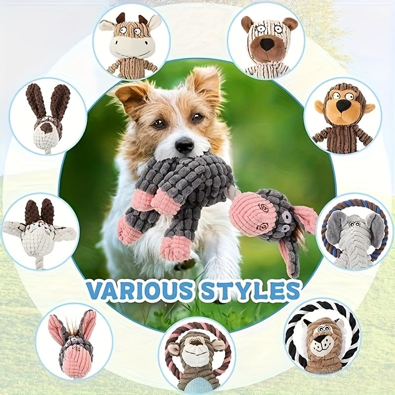 Dog Toy Plush Rope Animal-Print Squeaker Set with Random 6, 8 or 10-Piece Options and No Batteries