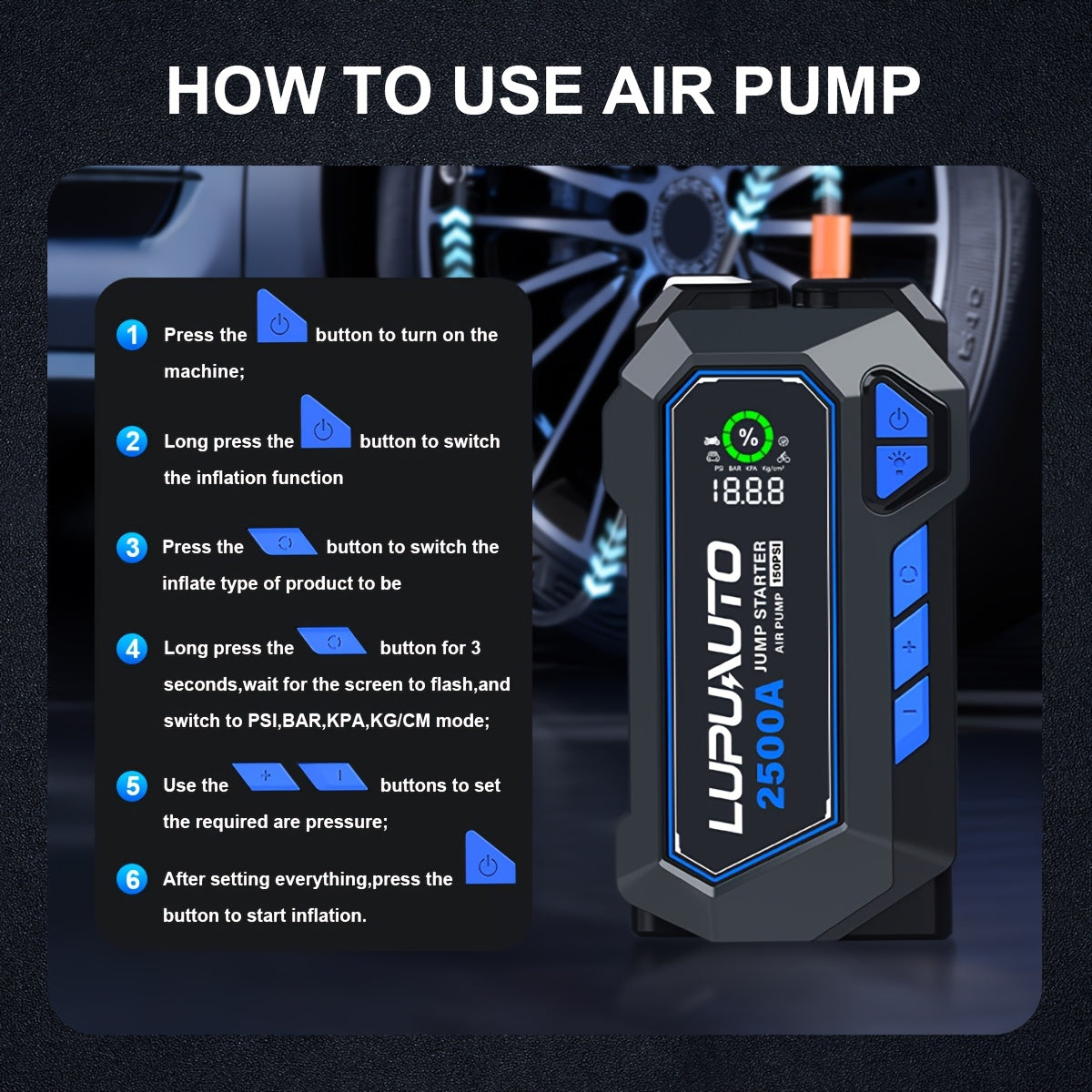 Tire Inflator with Jump Starter 150PSI Dual Cylinder 2X Faster 2500A 15000mAh Power Bank USB-C LED Flashlight Smart Clamps for Cars Motorcycles Bikes