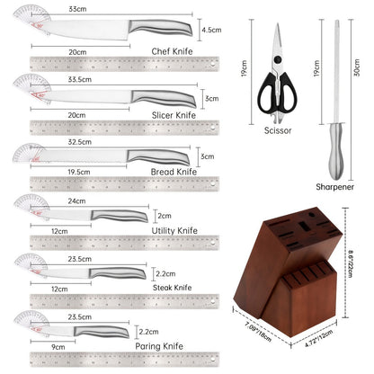Kitchen Knife Set 15-Piece Hammered Stainless Steel with Steak Knives and Self-Sharpening Wood Block