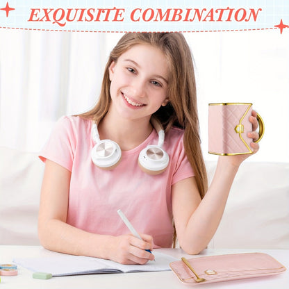 Four-Piece Purse-Shaped Coffee Mug Set with 10oz Cups, Matching Saucers and Metal-Look Spoons