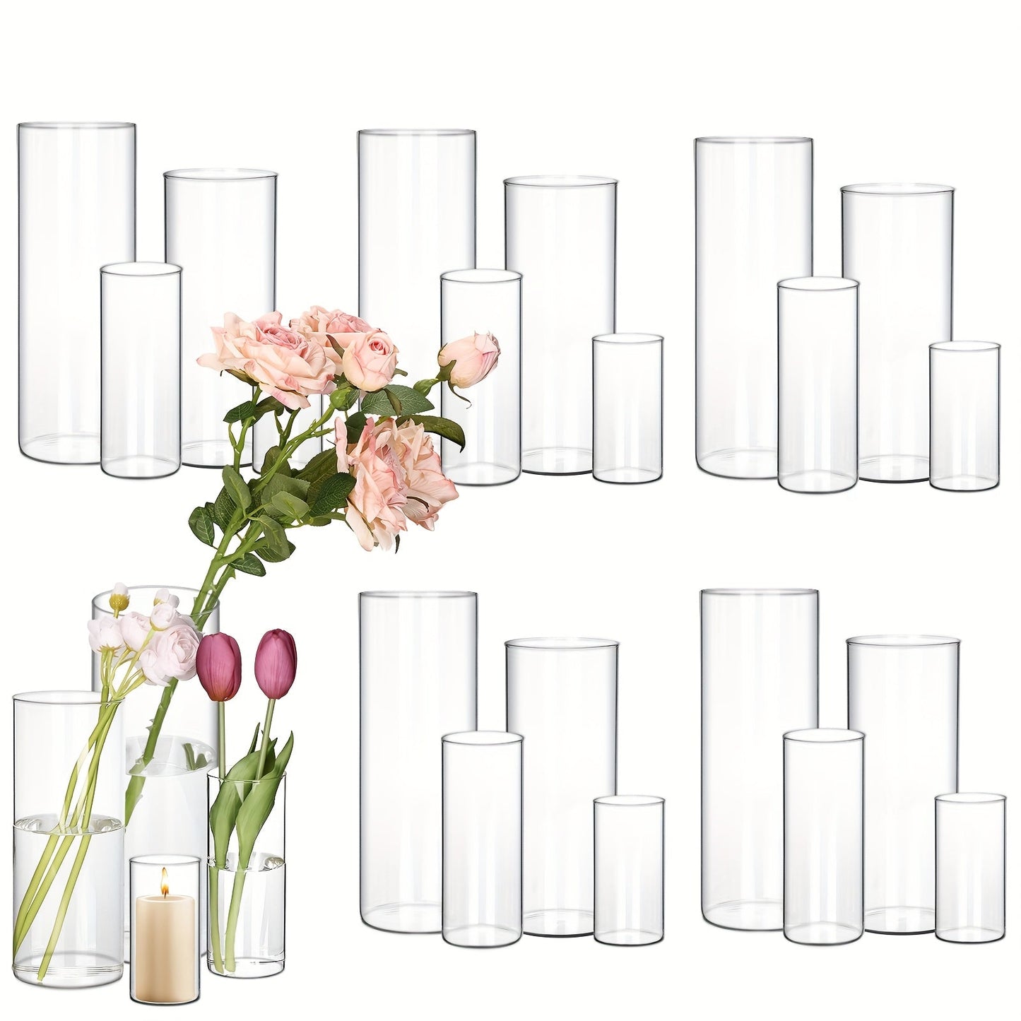 Clear Cylinder Vase Set in Four Heights with Twelve-, Twenty-Four- or Forty-Eight-Piece Quantities