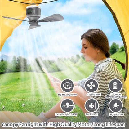 Hanging Camping Fan with 12000mAh Battery, Three Blades, Remote Control, LED Light and Timer Settings