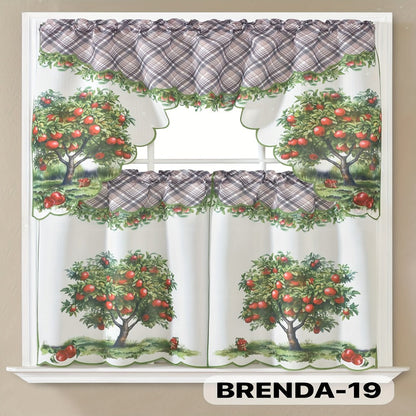 Three-Piece Patterned Kitchen Curtain Set with One Valance, Two Tiers and Forty-Six Exact Design Options