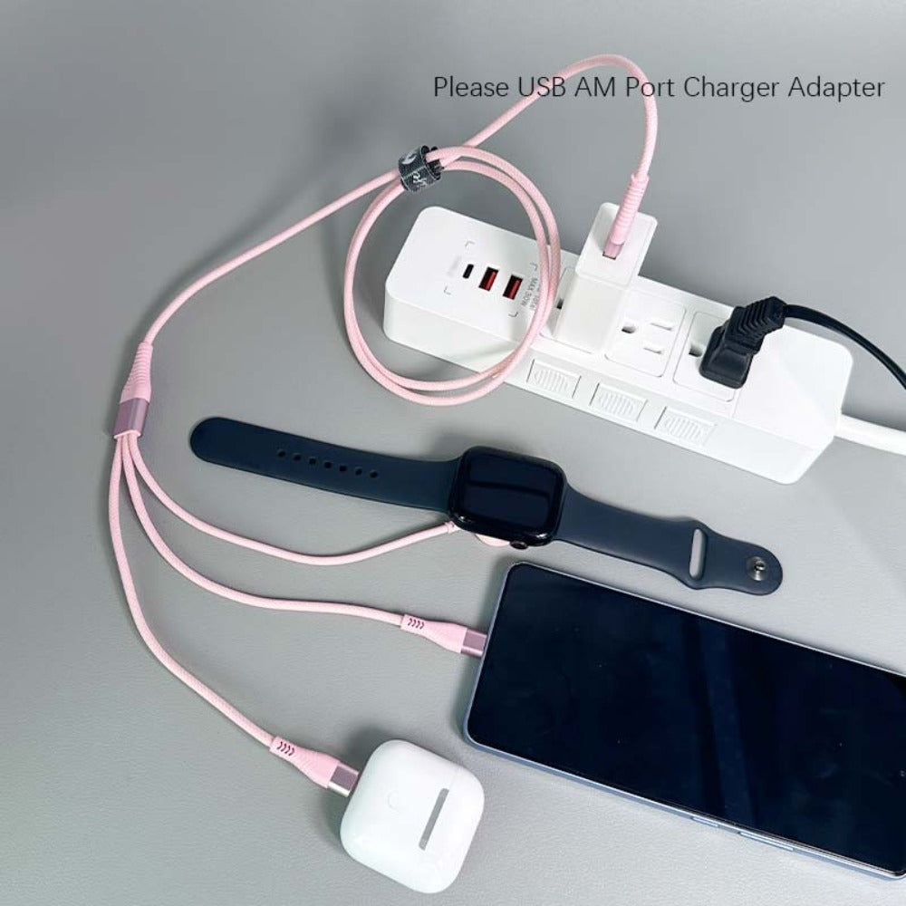 Nylon Braided 3-in-1 Magnetic Charging Cable 1.2M – iWatch Wireless Charger + Lightning Fast Charge + USB-C for iPhone 8–16 Android Samsung – Apple Watch Series 1–10 SE Ultra Nike+ Pink