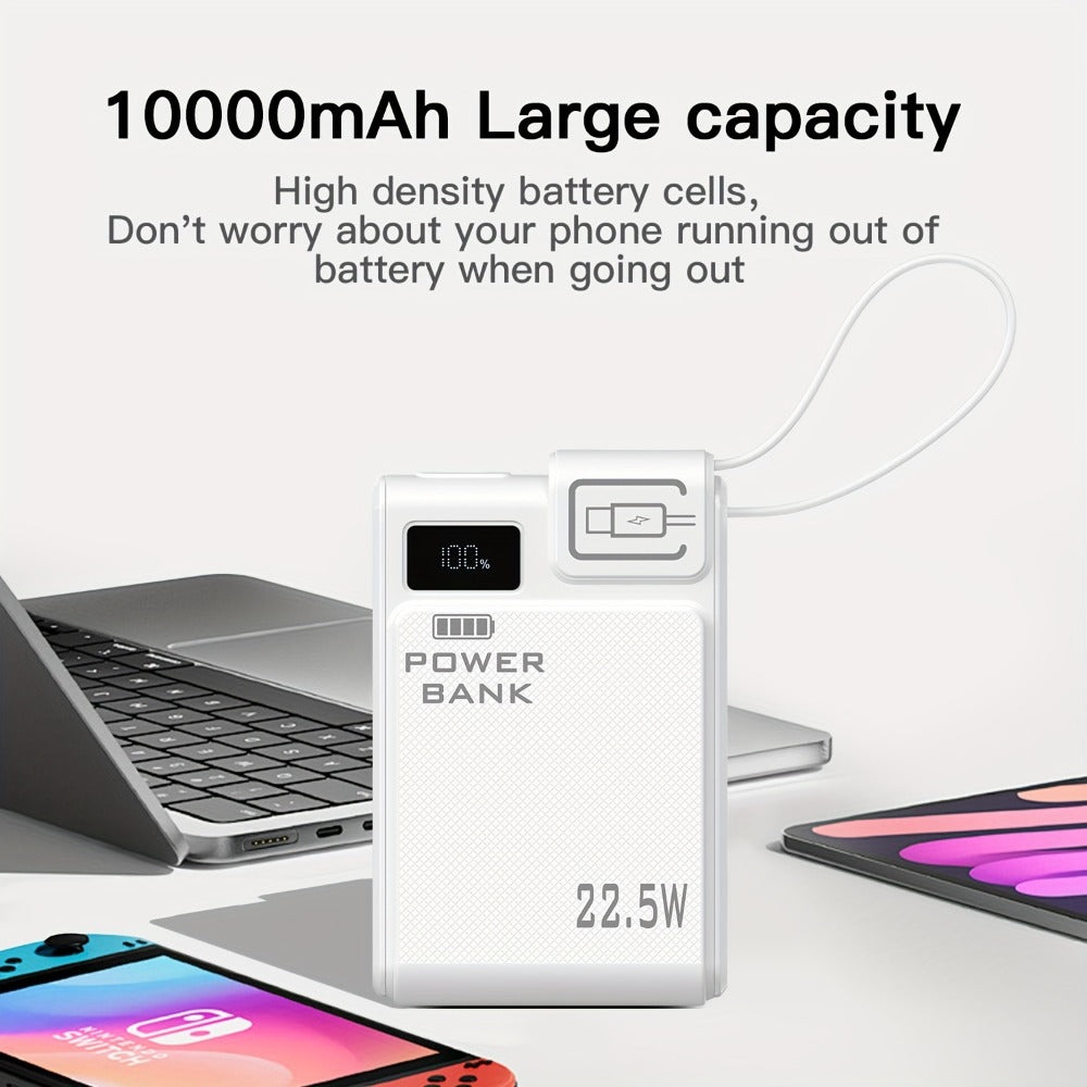Power Bank 10000mAh 22.5W Fast Charging with Built-in USB-A USB-C Cables – 3 Ports LED Digital Display Portable Charger for iPhone Android Samsung iPad | White Black Green