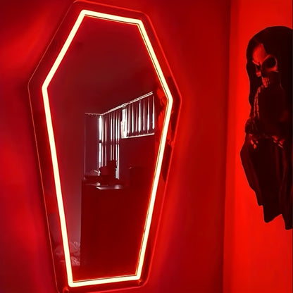 Gothic Coffin Shaped Neon Wall Mirror USB Powered LED Neon Light Mirror Irregular Decorative for Entryways, Bedrooms and Living Spaces