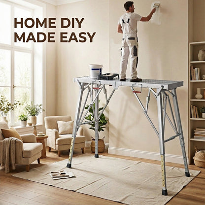 Aluminum Work Platform Height Adjustable Folding Portable Scaffold Bench Wide Base Safety Railing for Home Renovation RV Cleaning Window Painting 3 Sizes