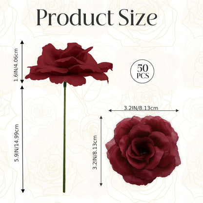 Artificial Silk-Labeled Rose Heads with 6-Inch Detachable Stems, 50-Piece Set in Black, Red or Wine Red
