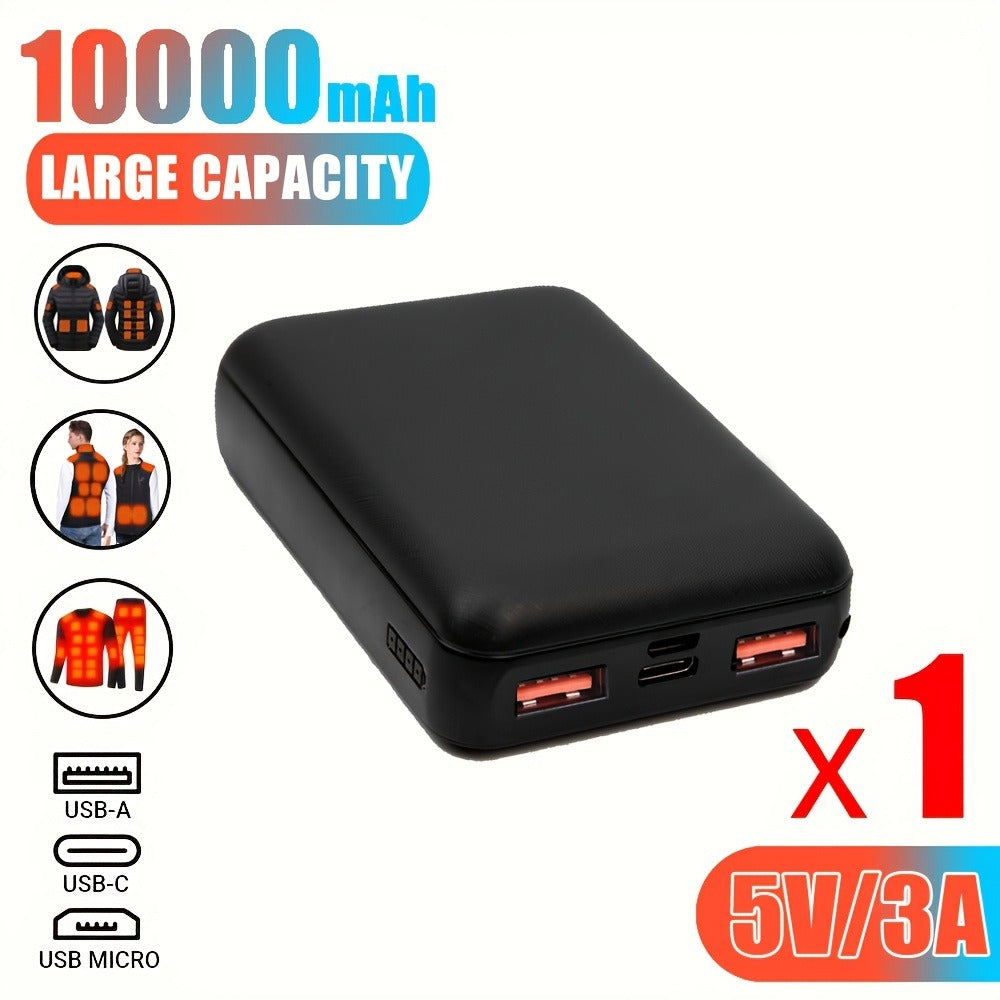Power Bank 10000mAh 5V/3A with Dual USB Output, USB-C/Micro Input and LED Indicator for Heated Clothing