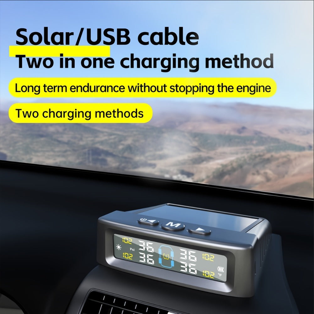 TPMS Tire Pressure Monitoring System – Wireless Solar & USB Powered, External Sensors, Universal Fit for 36V & Below Vehicles, Model T12