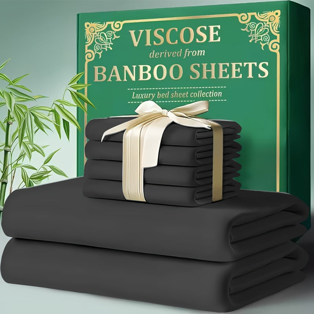 Bed Sheet Set 4-Piece Bamboo-Derived Cooling Fabric with Deep-Pocket Fitted Sheet and Four Bed Sizes