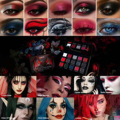 Eyeshadow Palette 15-Shade Dark Gothic Color Mix with Matte, Shimmer and Glitter Finishes in Black Case