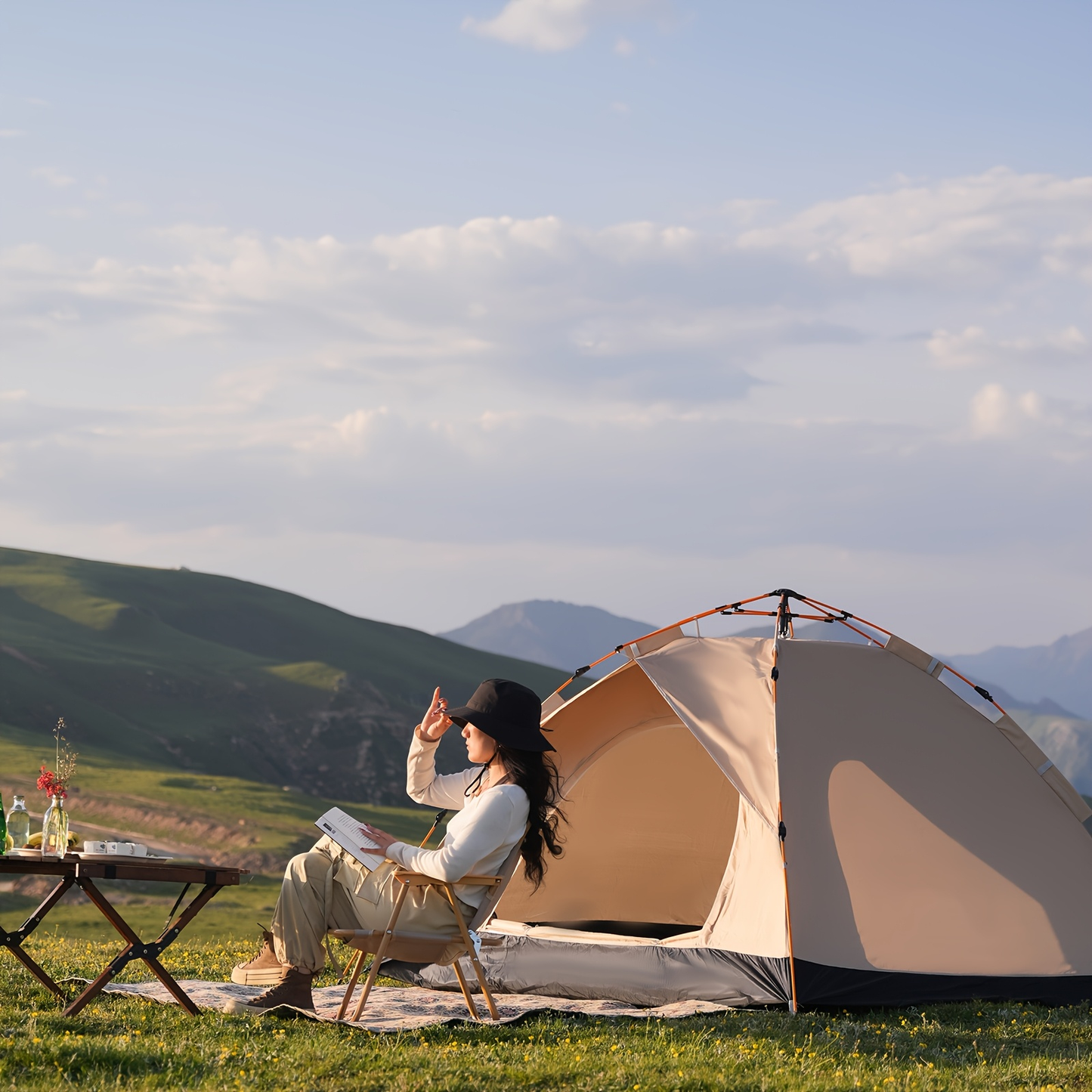 Camping Tent 4-Person Polyamide Pop-Up with Two Doors, Optional Windows and Small or Large Sizes