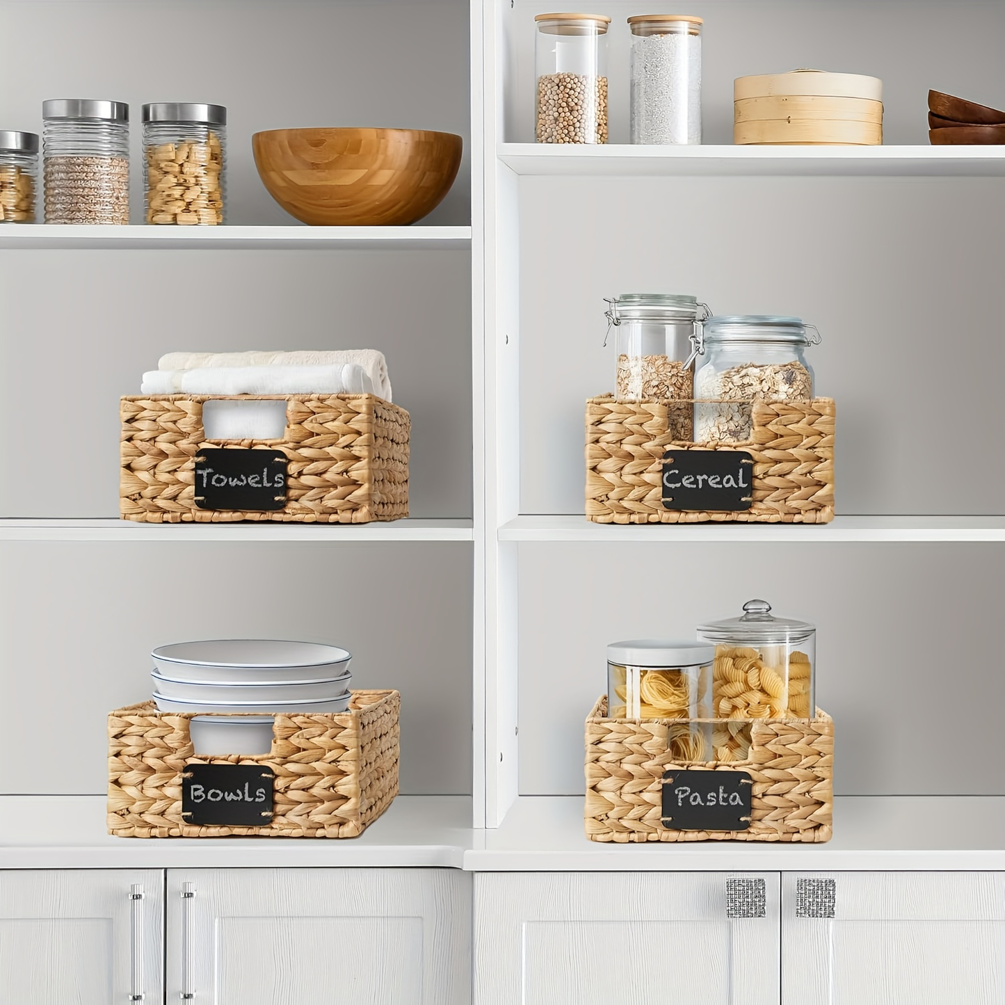 Pantry Baskets with Chalkboard Labels - Natural Water Hyacinth Woven Storage Bins 9"x12"x5", Kitchen Shelf Organizers, Available in 1, 2 & 4 Pack