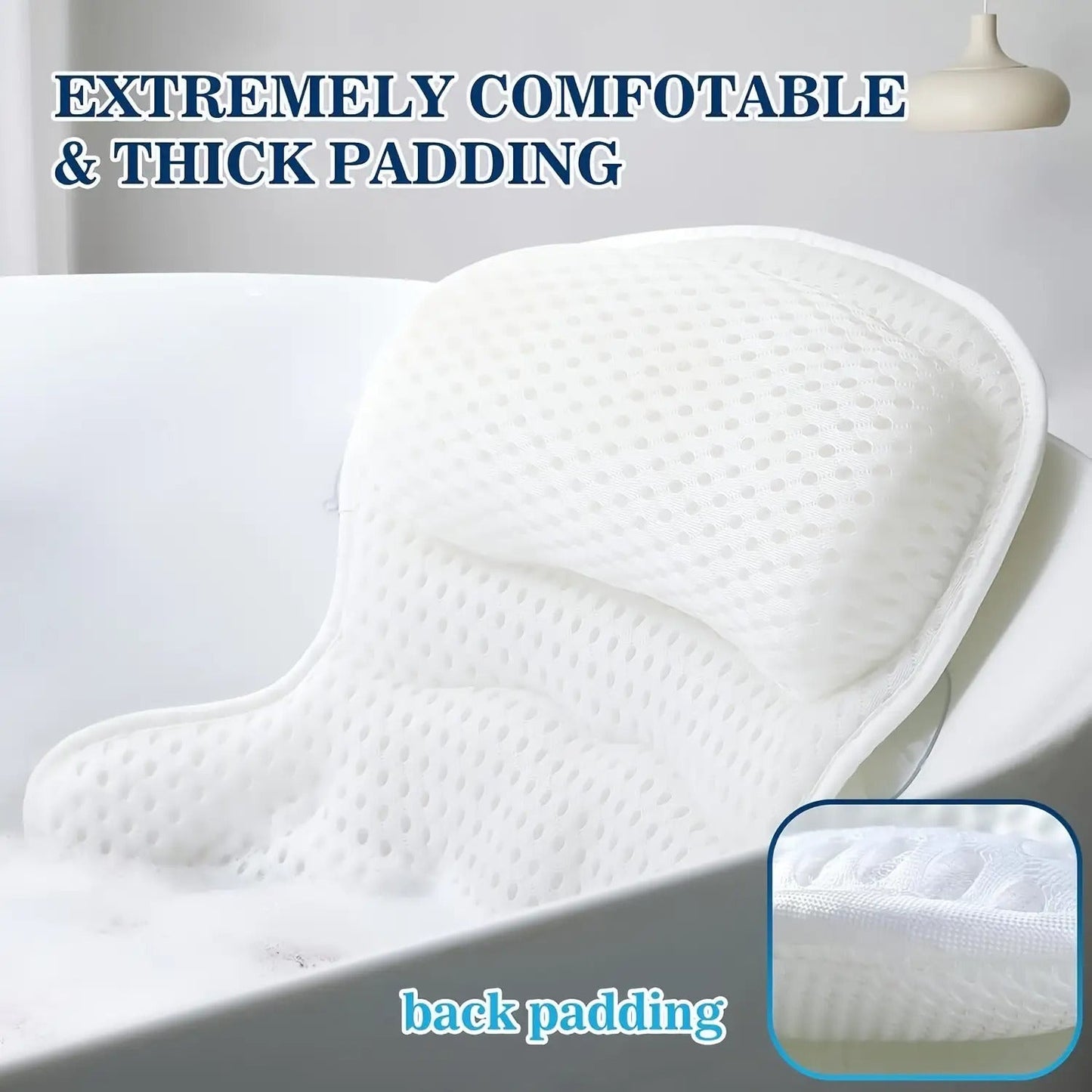 Contoured Bathtub Neck and Back Cushion with 4D Air Mesh, Suction Cups and White or Gray Finish
