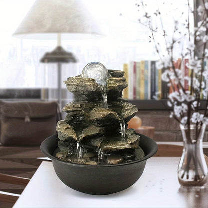 Indoor Tabletop Fountain with LED Light, Rolling Crystal-Look Sphere and 8.3 x 7.9 x 7.9-Inch Stone-Look Waterfall Form