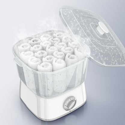 Compact Countertop Towel Steamer with Rotary Control, Black or White Base and Removable Clear Container