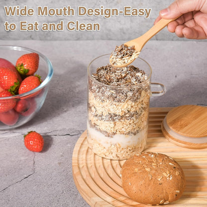 Overnight Oats Jars with Bamboo Lids & Spoons, 500ml Glass Meal Prep Containers, Dessert Bowl Set for Chia Pudding