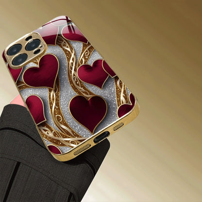 Phone Case Red and Gold Heart Pattern Slim Cover for Select iPhone and Samsung Galaxy Models