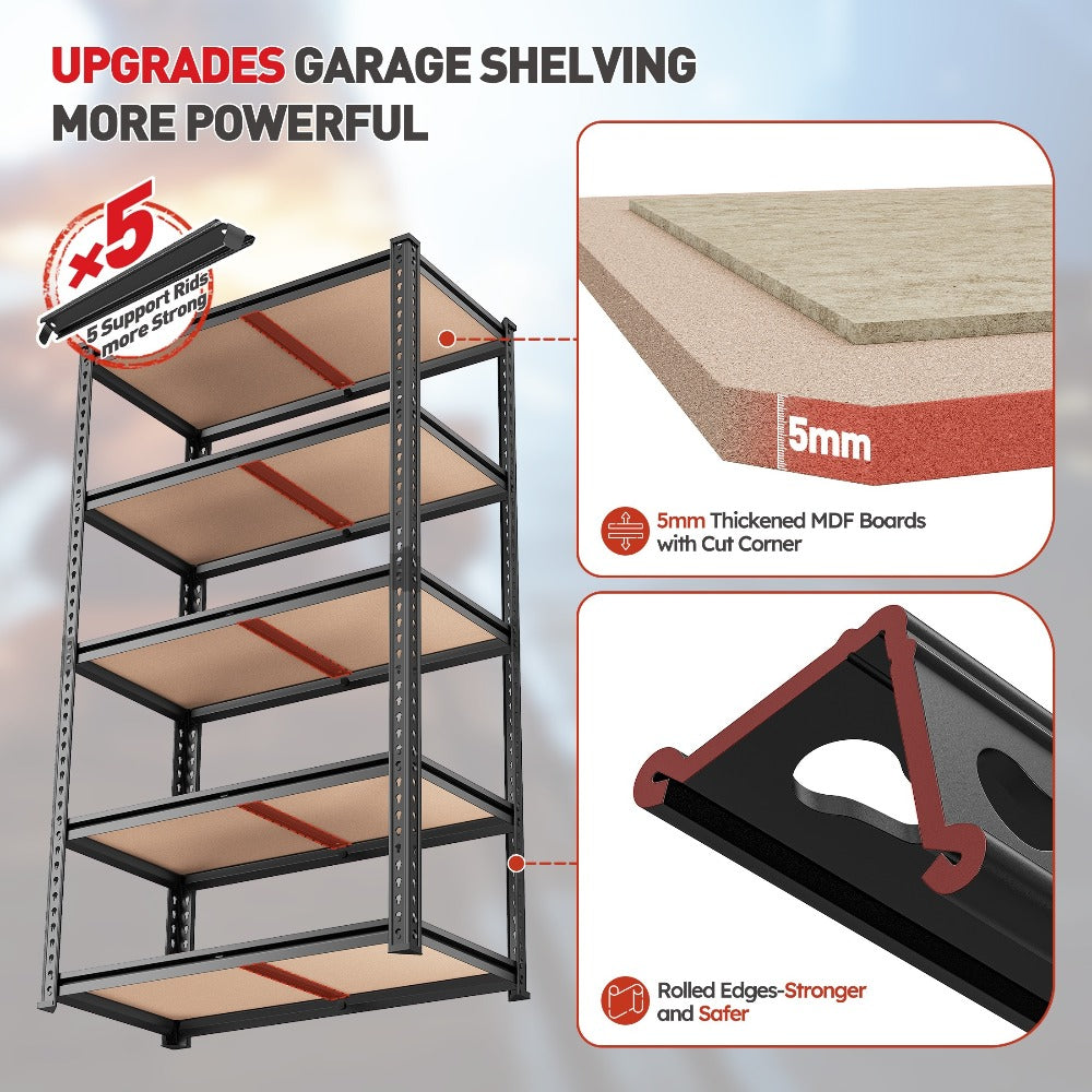 5-Tier Heavy Duty Metal Shelving Unit 2000LBS – Adjustable Freestanding Steel Garage Storage Shelves 72"H x 35.5"W x 15.8"D Tool-Free Assembly Utility Rack Black