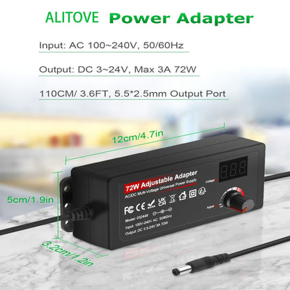Adjustable 3–24V AC/DC Power Adapter with 72W Label, LCD Readout, Knob Control and Connector Set