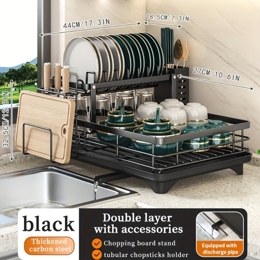 Two-Tier Dish Drying Rack, Metal Countertop Organizer with Cutlery Holder, Cup Holder and Drip Tray