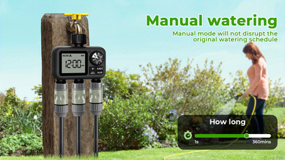 3-Zone Sprinkler Timer with Auto/Manual/Rain Delay Modes – Programmable Garden Hose Irrigation Controller, LCD Display, IPX5 Waterproof