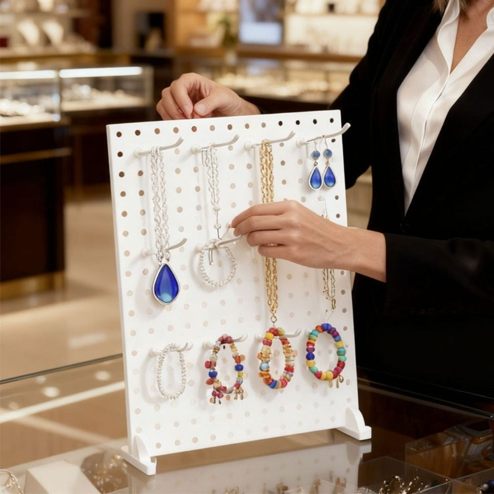 Pegboard Jewelry Display Stand with Iron-Labeled Perforated Panel, Two Feet and 12 Removable Hooks
