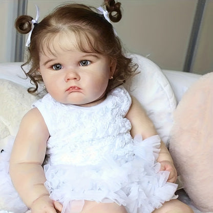 Reborn Baby Doll 24-Inch Cloth Body with Vinyl Limbs, Rooted Brown Hair, Acrylic Eyes and White Outfit Set