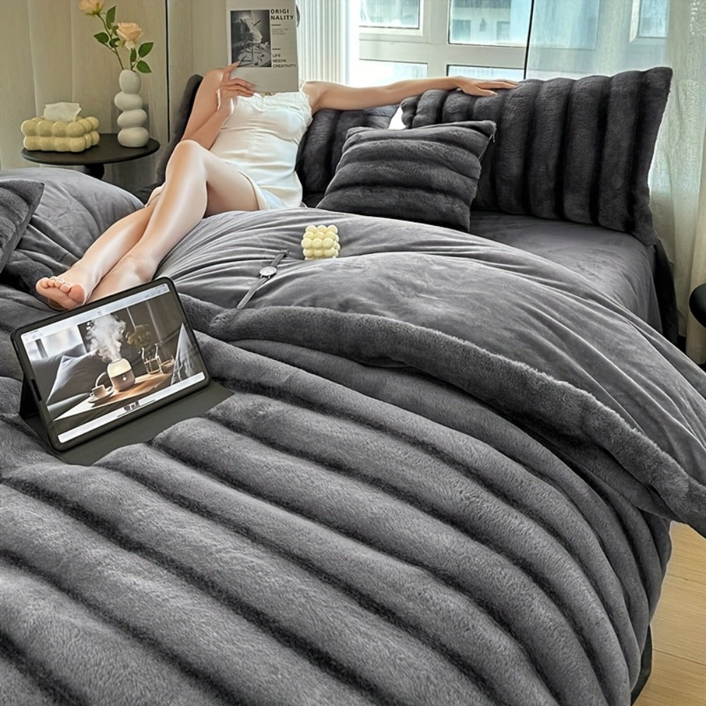 Double-Layer Faux Rabbit Fleece Blanket in Grey, Khaki or Beige with Five Sizes from Small Throw to King