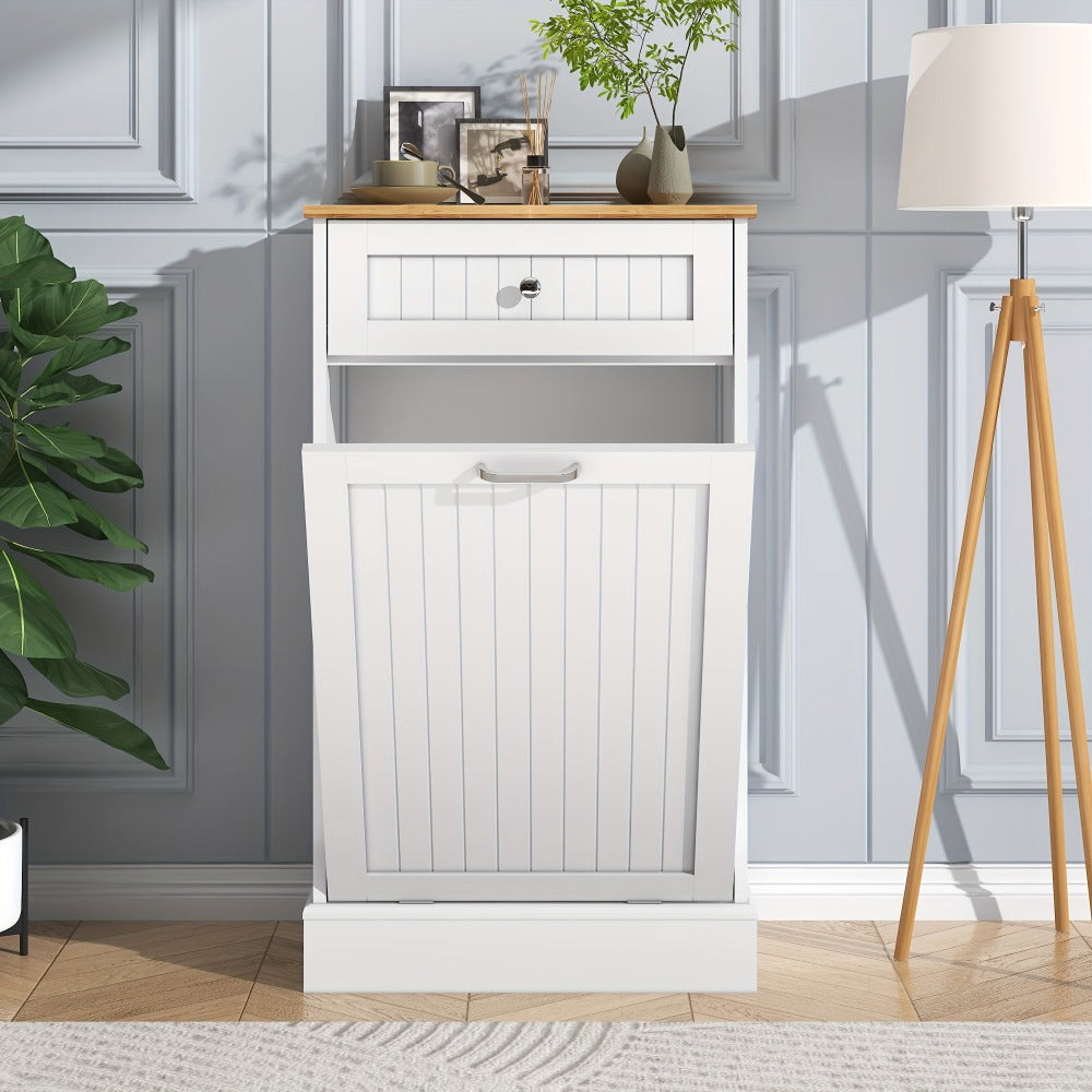 Tilt Out Trash Cabinet Freestanding Kitchen Garbage Cabinet with Cutting Board & Drawer – Wood Hideaway Recycling Station, Fits 10 Gal, Black/White