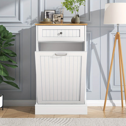 Tilt Out Trash Cabinet Freestanding Kitchen Garbage Cabinet with Cutting Board & Drawer – Wood Hideaway Recycling Station, Fits 10 Gal, Black/White