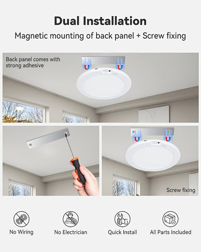 Wireless LED Ceiling Light with Motion Sensor 2 Pack - 5500mAh Rechargeable, Remote Control, 3 Brightness Modes, Magnetic Mount, No Wiring for Living Room, Kitchen, Bathroom, Hallway & Corridor