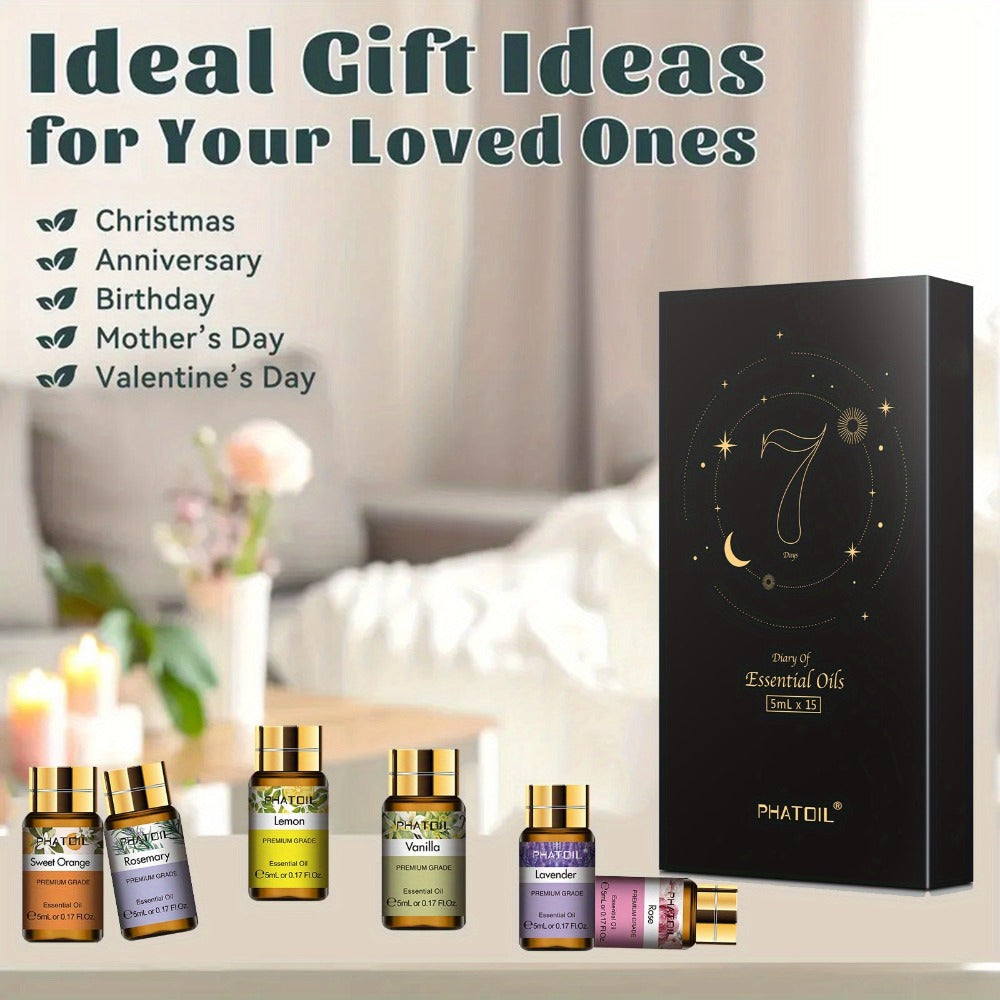 15-Bottle Essential Oil Gift Set with 5ml Assorted Scents in Black Presentation Box for Diffuser Use