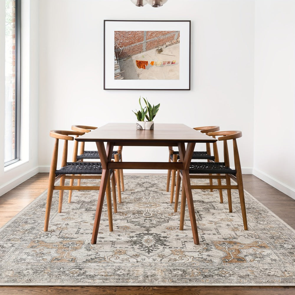 Area Rug Vintage Chenille Print in Light Taupe Brown with Eight Runner and Room Size Options