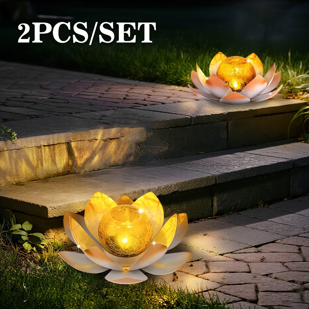 Solar Garden Lights 2-Pack Lotus Stakes with Cracked Glass Globes, Iron Frame and IPX4 Rating