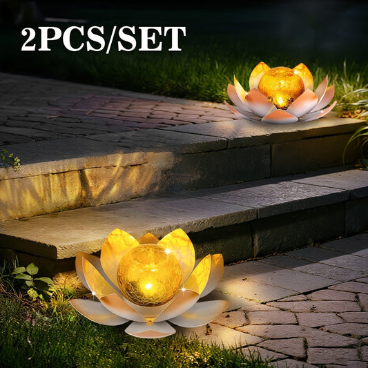 Solar Garden Lights 2-Pack Lotus Stakes with Cracked Glass Globes, Iron Frame and IPX4 Rating
