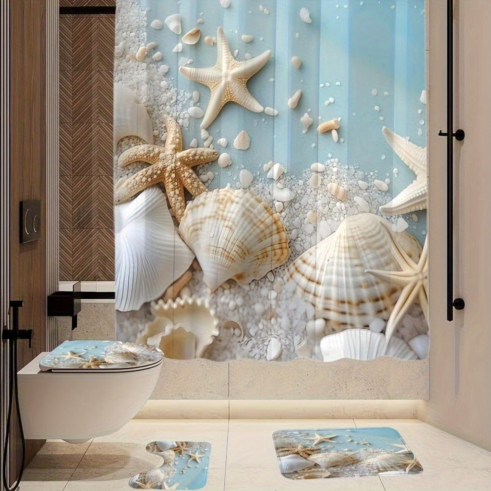 Sea Star and Shell Shower Curtain with One-Piece or Four-Piece Bathroom Set Checkout Options