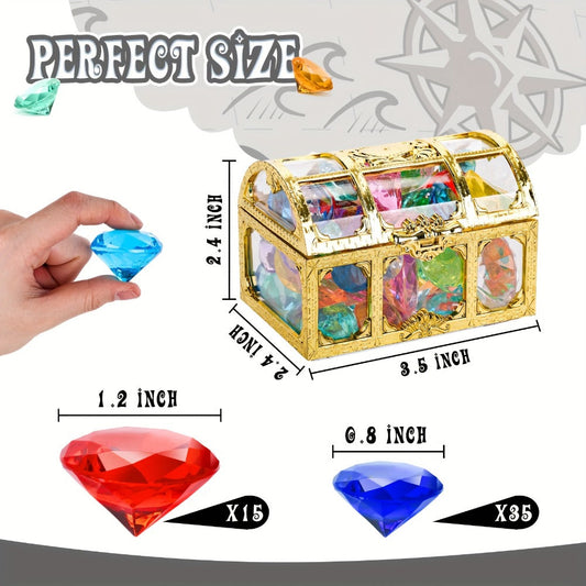 Pool Diving Gems 50 Piece Set with Pirate Treasure Chest – Underwater Acrylic Gemstone Dive Game for Kids | Swimming Pool Toy for Boys & Girls, Summer Birthday Party & Pool Party Gift