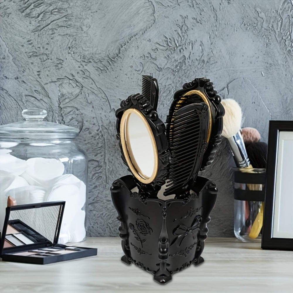 Retro Hair Comb Set with Mirror Scalp Massage Hairbrush Pocket Mirror Vintage Vanity Brush Set for Women Girls Travel Daily Grooming Makeup Gift Black