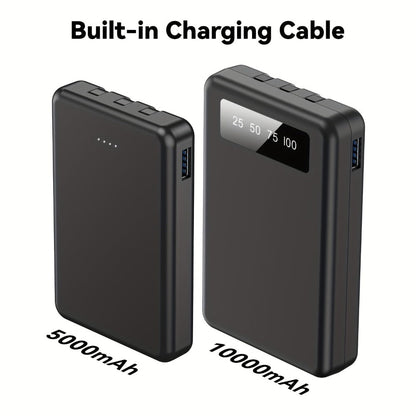 Slim Power Bank 5000mAh / 10000mAh with Built-in USB-C Cable, Charges 4 Devices Simultaneously, LED Indicator – Ultra-Compact Portable Charger for iPhone, Android, Travel, Everyday Carry