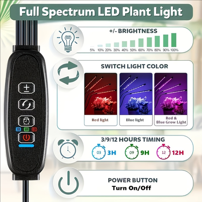 Clip-On Grow Light Strip 3/4/5 Tubes Red Blue Full Spectrum | 5-Level Brightness 3/9/12H Timer Clamp Type | Indoor Plants Desk Shelf Seedling