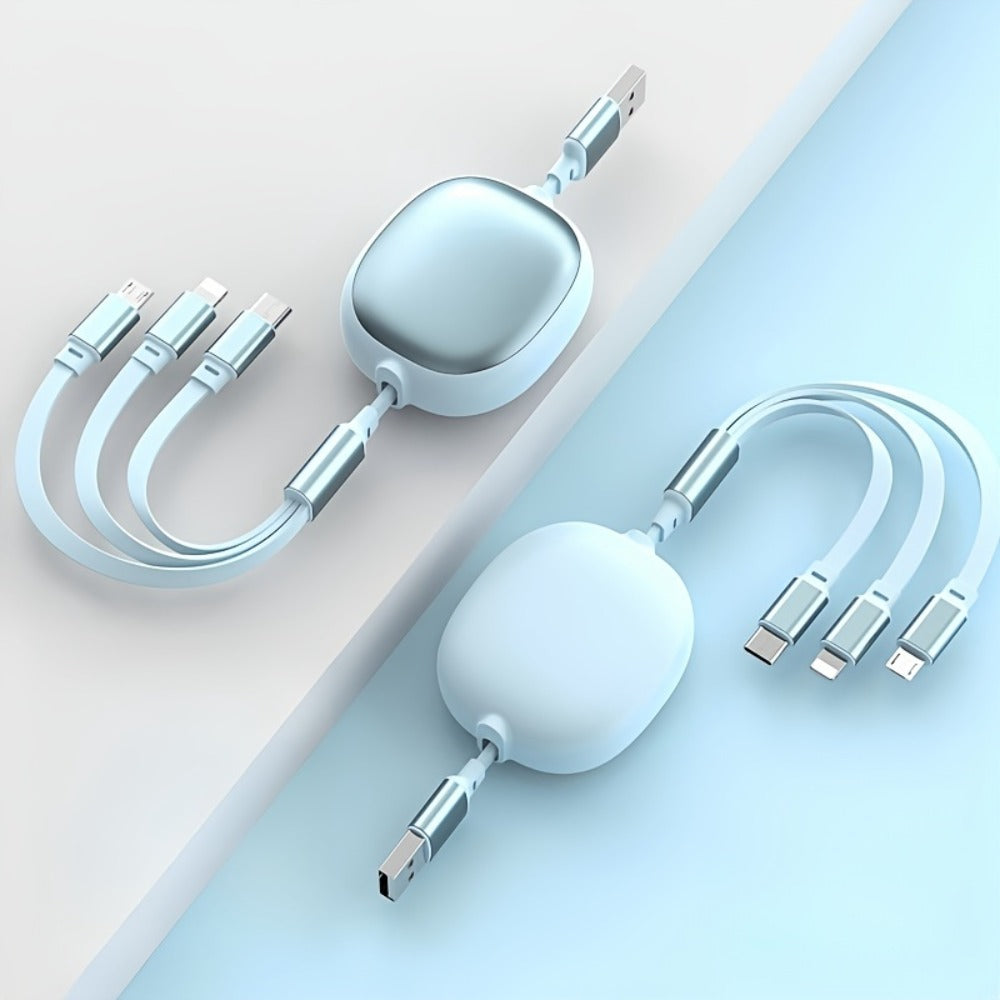 1.2m Retractable Charging Cable with Type-C, Micro USB and Lightning Ends in Six Color Options