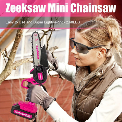 Pink 6-Inch Mini Cordless Chainsaw Kit with Two Batteries, Charger, Carry Case, Spare Chains and Clear Eyewear