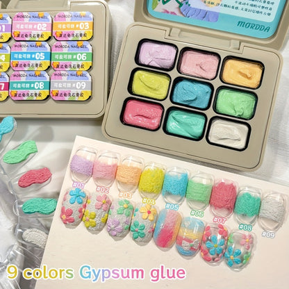 Plaster Texture Nail Art Gel Nine-Color Pastel Palette in a Compact Metal Case for Raised Sculpted Designs