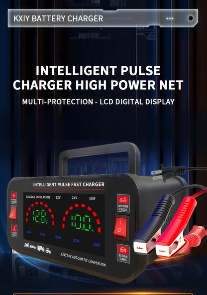 Car Battery Charger 12V/24V with LCD Display – Fast Charging Portable Maintainer for Cars, Trucks, RVs & Motorcycles, Overcharge Protection, Lead-Acid Compatible